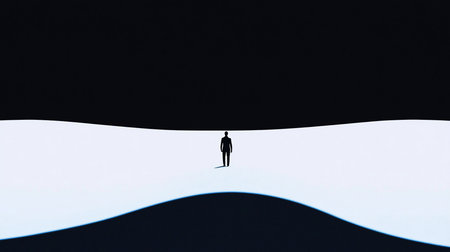 A lone man in a dark suit stands silhouetted against a bright white expanse, casting a long shadow.の素材