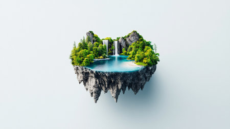 A fantastical floating island featuring a vibrant green forest, rocky cliffs, two waterfalls cascading into a clear turquoise lagoon with a sandy beach, and a jagged rock base.の素材