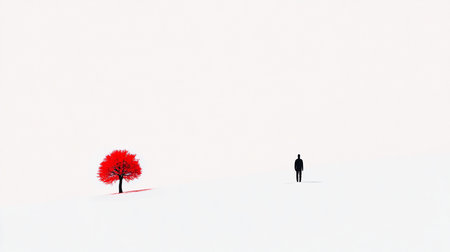 A lone, dark silhouette of a person stands upright, facing forward, casting a thin shadow in a stark, minimalist setting.の素材