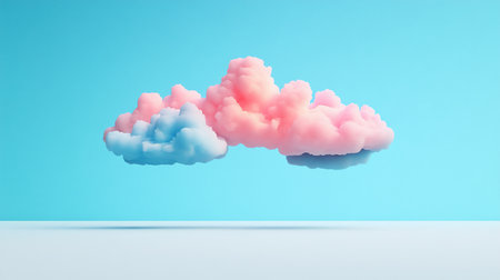 A surreal composition featuring fluffy, pastel pink and blue clouds with a soft, textured appearance, suspended against a vibrant cyan backdrop.の素材