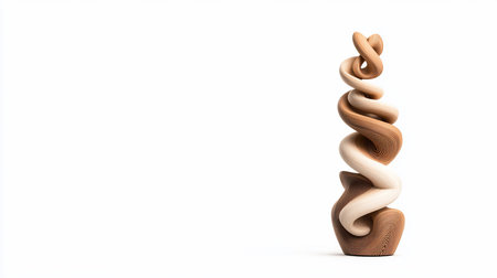 Tall, abstract wooden sculpture featuring a complex, intertwined spiral form. Alternating light and dark wood sections showcase prominent, concentric grain textures.の素材