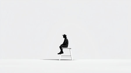 A dark silhouette of a person wearing a hat, jacket, pants, and shoes, sitting on a white stool.の素材