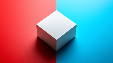 A simple white cube with sharp edges sits on a textured surface divided into red and blue sections, creating a minimalist and geometric composition.の素材