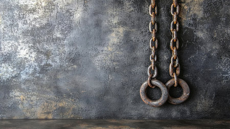 A pair of old, weathered gymnastic rings made of rusty metal, suspended by heavy, corroded chains.の素材