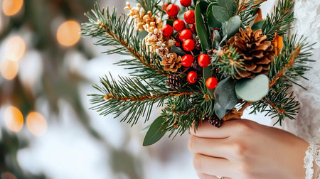 A hand holds a festive arrangement of green pine needles, brown pinecones, glossy red berries, and eucalyptus, with a delicate white lace sleeve visible.の素材