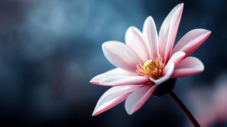 A close-up of a pink lotus flower with delicate petals and a vibrant yellow center, showcasing its intricate details and stem.の素材