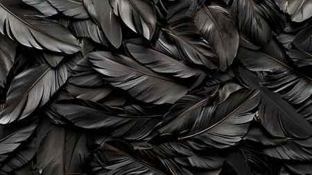 A dense collection of dark, textured feathers, overlapping and creating a rich, monochromatic pattern with subtle variations in tone and light.の素材