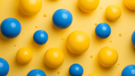 An abstract arrangement of 3D spheres in various sizes. The yellow spheres are smooth and matte, while the blue ones have a distinct sparkling, textured finish.の素材