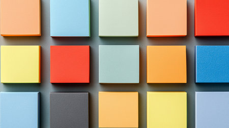 A collection of vibrant, square sticky notes displayed in a neat grid formation, showcasing a variety of bright colors and textured surfaces.の素材