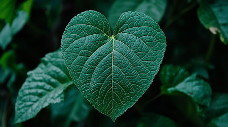A close-up, detailed view of a vibrant green leaf shaped like a heart, showcasing its complex network of veins and textured surface.の素材