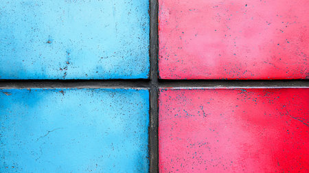 Four square tiles, two in light blue and two in red, divided by dark grout lines, showing a weathered and textured surface.の素材
