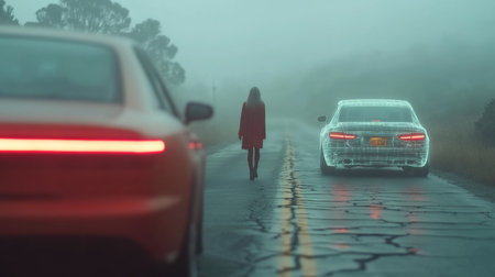 A futuristic, glowing wireframe car model with illuminated red taillights and exhaust pipes stands on a wet, cracked road in thick fog.の素材
