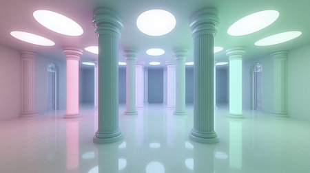 A series of white fluted columns with pastel pink, blue, and green gradient lighting, standing on a reflective white floor under oval and round ceiling lights.の素材