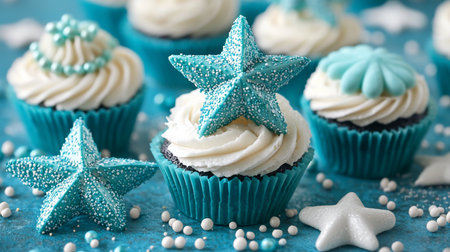 A dark chocolate cupcake in a teal wrapper, topped with creamy white frosting and a shimmering teal starfish, accented by white sugar pearls.の素材