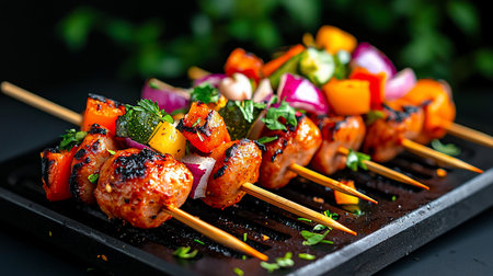Multiple grilled skewers showcasing juicy, charred sausage pieces interspersed with vibrant bell peppers, zucchini, and red onion, garnished with fresh herbs.の素材