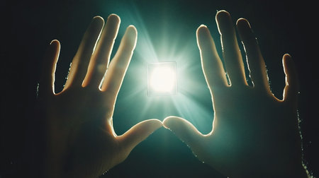 Two human hands, backlit and silhouetted, frame a central, intensely glowing square light source emitting bright rays.の素材