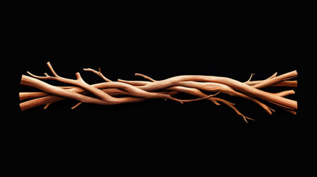 A collection of natural light brown wooden branches, intricately intertwined and layered. Features smooth surfaces with distinct wood grain textures.の素材