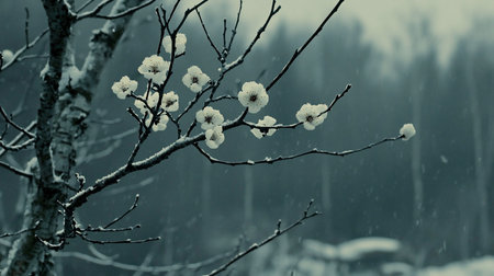 Delicate white plum blossoms covered in snow cling to bare, dark branches in a winter scene, creating a serene and cold aesthetic.の素材