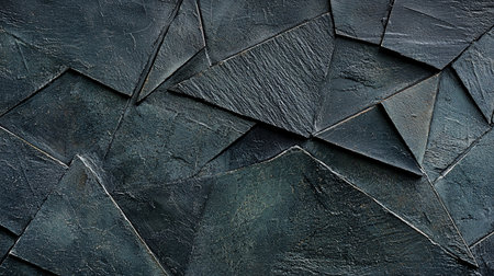 A close-up view of dark green slate panels arranged in a geometric, faceted pattern, showcasing natural texture and depth.の素材