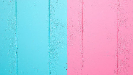 Close-up of a textured wooden wall, divided into two sections, painted in bright pink and blue colors, showing the wood grain.の素材