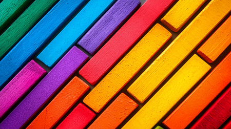 A close-up, diagonal arrangement of brightly colored wooden sticks, showcasing a spectrum of vibrant hues and textured surfaces.の素材
