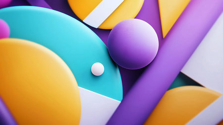A collection of smooth, rounded abstract geometric shapes in vibrant yellow, teal, purple, and white, creating a playful and modern composition.の素材