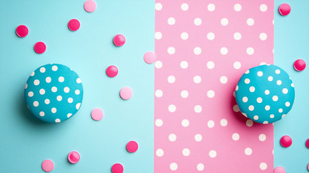 Two three-dimensional turquoise buttons with a white polka dot pattern are scattered amongst flat, round pink and magenta confetti.の素材