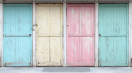 Weathered wooden doors, vertically planked, featuring distressed pastel blue, cream, and pink paint with visible peeling texture and rusty latches.の素材