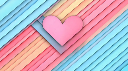 A pastel pink heart shape is centrally positioned over a background of layered diagonal stripes in soft pastel colors, creating a gentle, abstract design.の素材