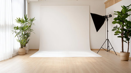 A clean, minimalist photography studio with a seamless white backdrop, two potted green plants, and a professional lighting setup.の素材