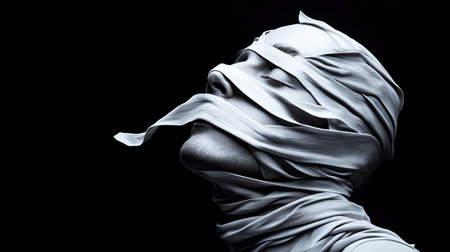 Person's head and neck wrapped in textured white cloth, obscuring features, eyes closed, looking upwards, monochromatic, dramatic lighting, side profile.の素材