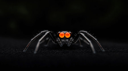 A detailed macro shot of a black jumping spider, showcasing its fuzzy body and prominent, vibrant orange eyes.の素材