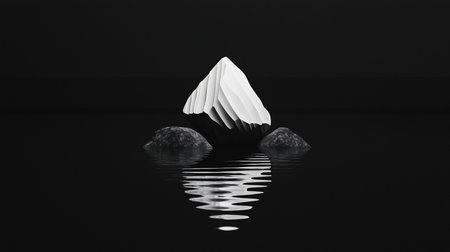 A white, geometric, layered structure sits between two dark rocks, reflected in rippling water, against a dark background.の素材