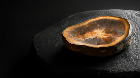 A detailed view of a cross-section of a mushroom, showcasing its radial gill structure and earthy tones, resting on a textured dark slate surface.の素材