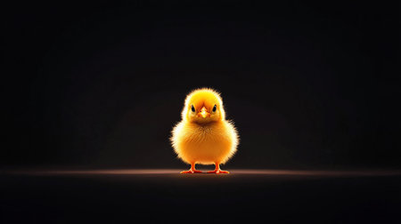 A small, fluffy, bright yellow chick stands facing forward, its downy feathers catching the light.の素材