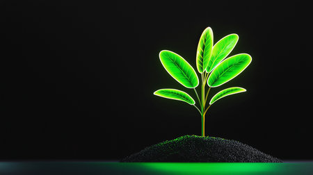 A vibrant green plant with luminous leaves sprouts from a mound of dark soil, illuminated against a dark background.の素材