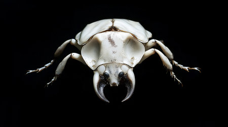 A striking close-up of a white beetle, showcasing its intricate exoskeleton, segmented legs, and formidable, curved mandibles against a dark background.の素材