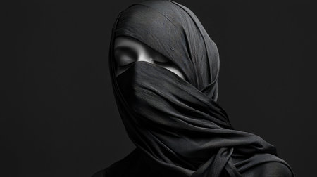 A close-up portrait of a woman with her eyes closed, her face partially obscured by a textured black fabric veil.の素材