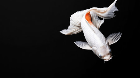A stunning white koi fish with delicate orange markings and flowing fins is captured in motion against a dark background.の素材