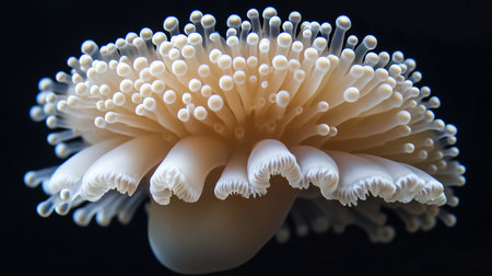 A macro view of a soft-bodied marine anemone featuring a dense crown of slender, bulb-tipped tentacles and a delicate, ruffled oral disc.の素材