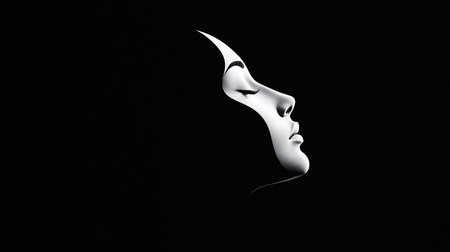 Striking monochrome image of a woman's face in profile, featuring closed eyes, smooth skin, and dramatic light and shadow contrast.の素材