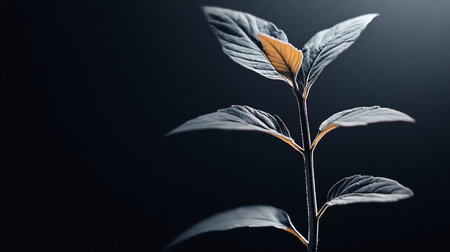 A delicate plant stem with dark, textured leaves, featuring one prominent golden-orange leaf at the top. Visible veins and subtle golden accents.の素材