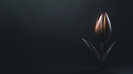 Copper-toned tulip sculpture with a closed bud and three veined leaves, standing upright against a dark, moody background.の素材