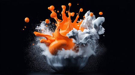 Vibrant orange liquid and white foam erupting in a dynamic splash, with fine particles scattering against a dark background.の素材