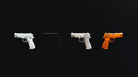 Four handguns are displayed in a horizontal line against a black background, showcasing distinct color variations and metallic textures.の素材
