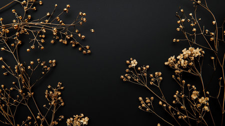Elegant dried baby's breath sprigs, coated in a shimmering gold finish, are artfully arranged on a deep black background.の素材