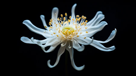 A close-up, detailed view of a single white flower with numerous delicate petals and bright yellow stamens, set against a dark, isolated background.の素材