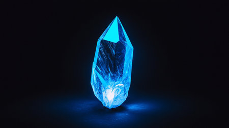 A single, radiant blue crystal with intricate internal fractures and sharp, geometric facets, emitting a soft glow.の素材