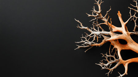 A detailed close-up of a dried, gnarled tree branch with intricate, branching structures and a rough, organic texture.の素材