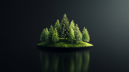 A small island covered in vibrant green grass and evergreen trees, reflecting in the dark water below, creating a serene and natural scene.の素材
